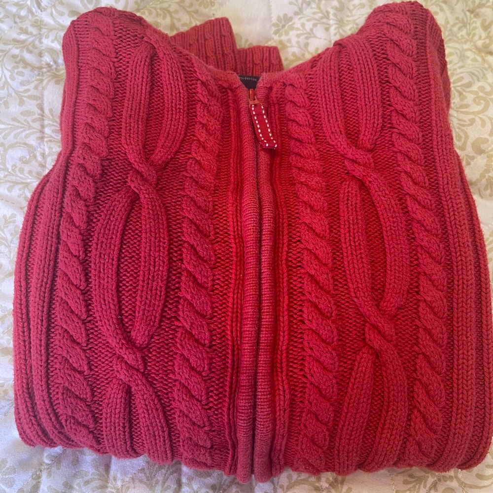 Lands’ End Hooded Cable Knit Zip Sweater Jacket | Red | 100% Cotton
